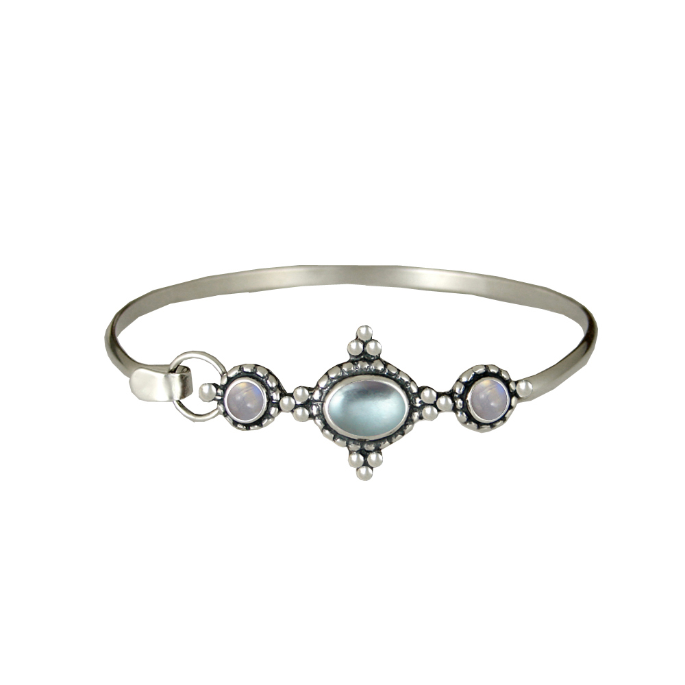 Sterling Silver Gemstone Strap Latch Spring Hook Bangle Bracelet Topaz And Rainbow Moonstone